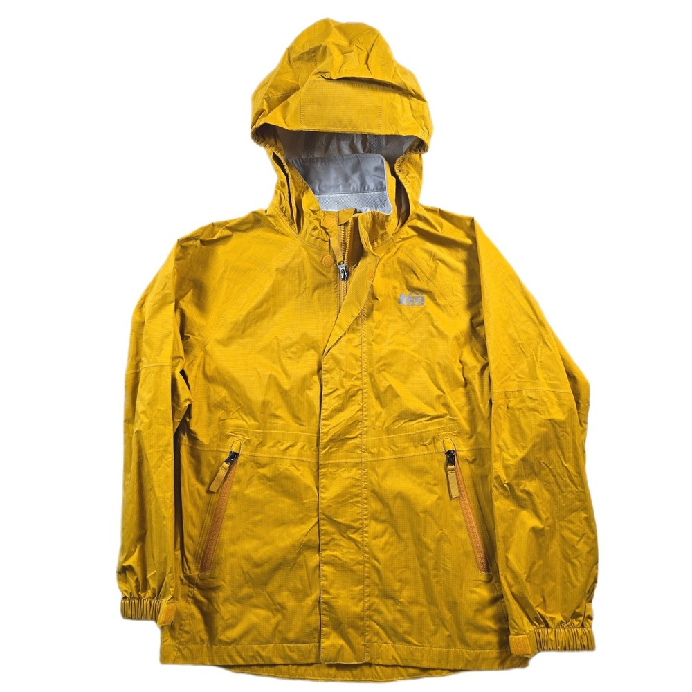 REI Co-op Rain Jacket Kids Medium 10-12 Yellow Waterproof Hooded Rainier Shell